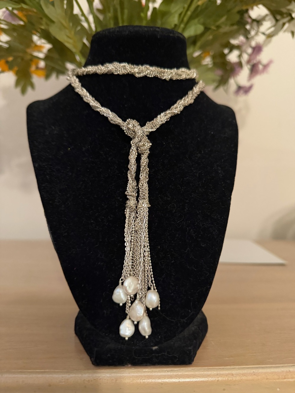24 “ Long Women’s Braided Metallic Lariat Necklace with Pearls - Silver